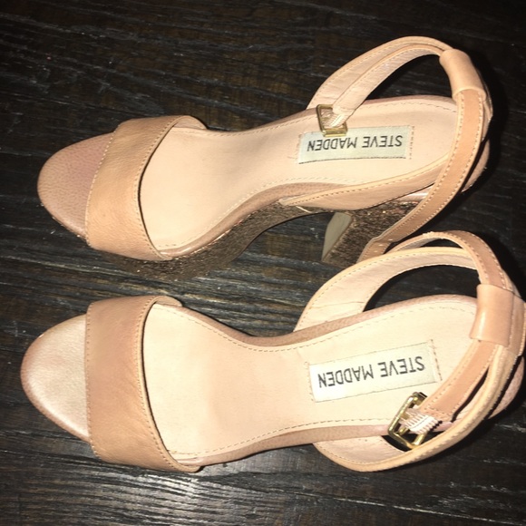 Steve Madden Y2K Shazzam Gold Glitter Nude Tan Leather Platform Heels Sz 6 - Picture 4 of 8